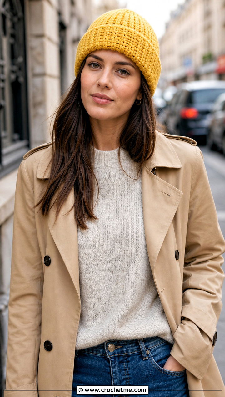 Cuffed Crochet Beanie With Trench Coat And Jeans - 20 classic crochet beanie outfit ideas