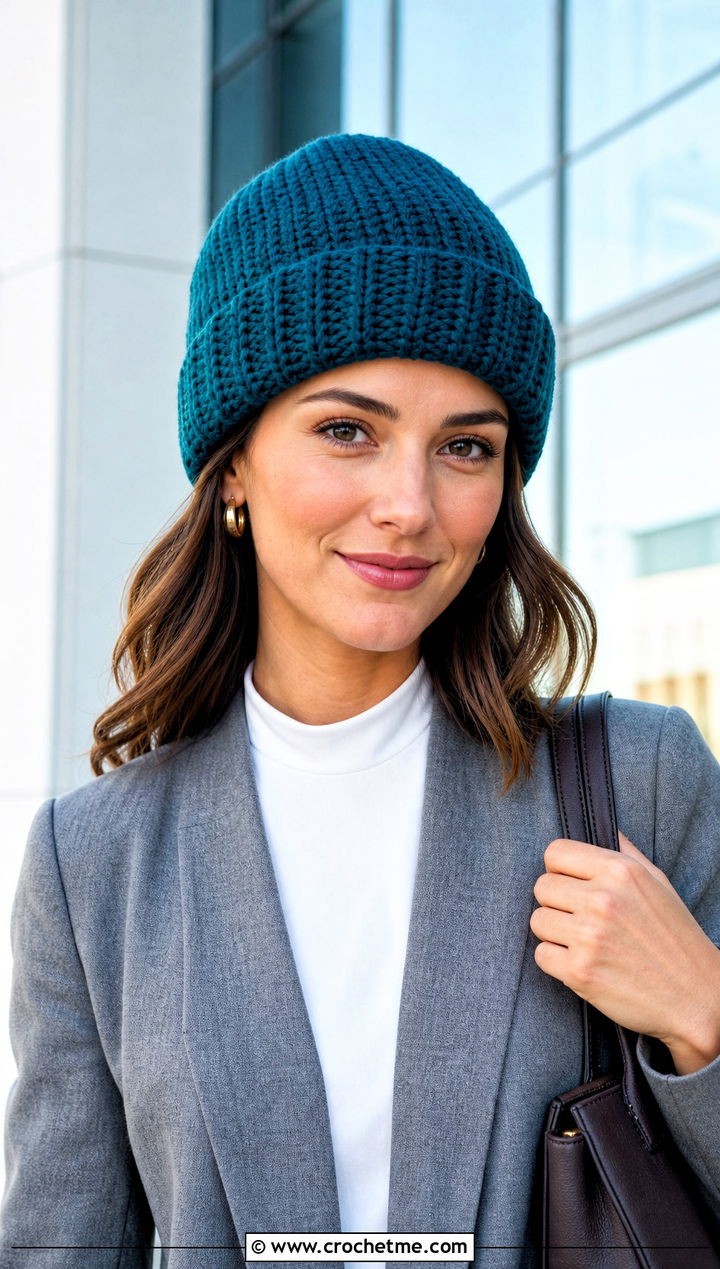 Cuffed Crochet Beanie With Trouser Suit - 15 Easy Crochet Projects Beanie outfit ideas
