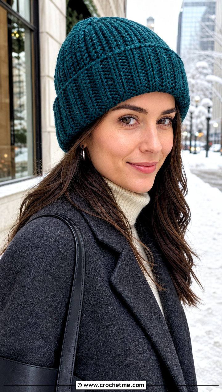 Cuffed Crochet Beanie With Wool Coat - 20 Best Crochet Hat outfit ideas