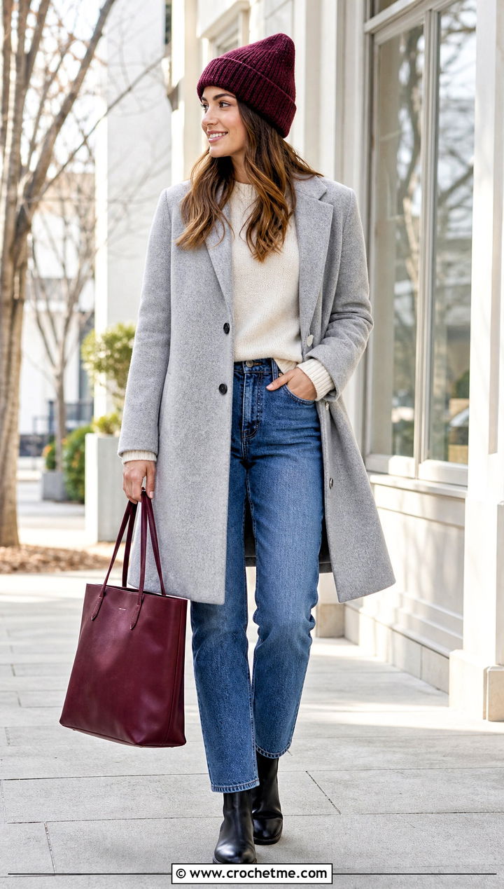 Cuffed Crochet Beanie With Wool Coat And Jeans - 35 easy crochet hat outfit ideas