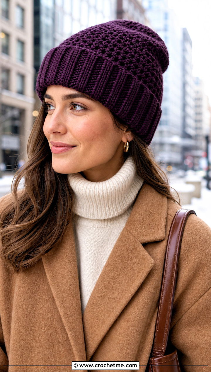 Cuffed Crochet Beanie With Wool Coat And Straight Jeans - 30 beginner crochet hat outfit ideas