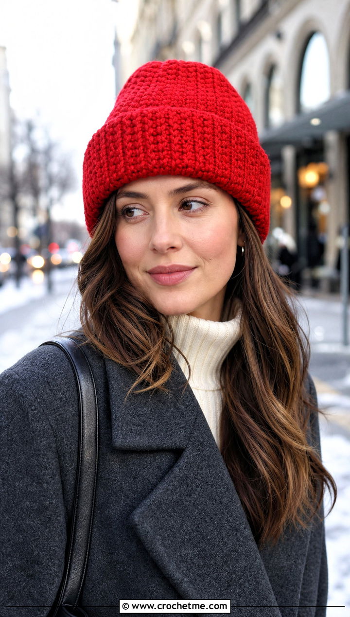 Cuffed Crochet Beanie With Wool Coat And Straight Leg Jeans - 30 Quick And Easy Crochet Hat outfit ideas