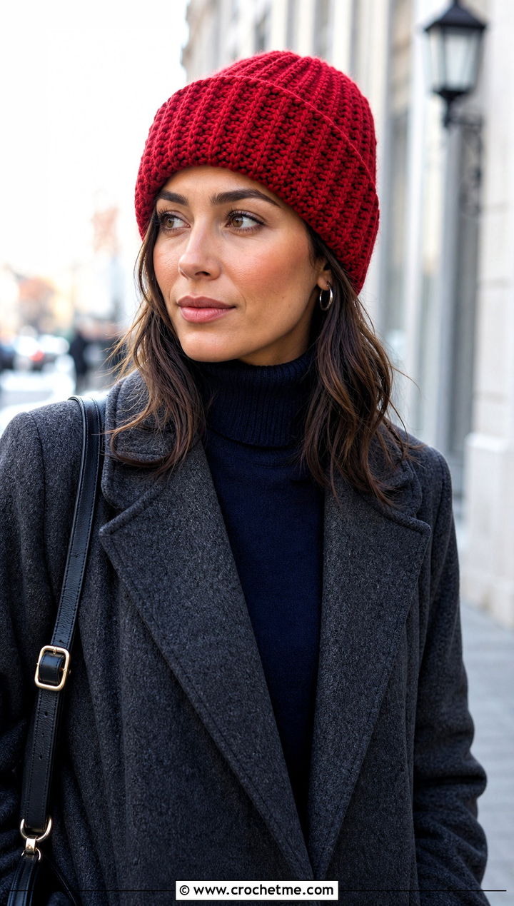 Cuffed Crochet Beanie With Wool Coat And Trousers - 15 Modern Crochet Hat outfit ideas