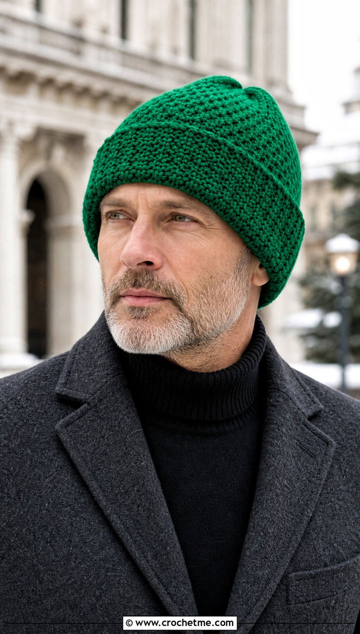 Cuffed Crochet Beanie With Wool Coat - 30 male crochet hat outfit ideas