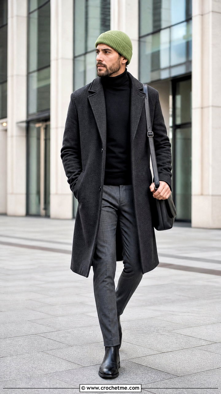 Cuffed Crochet Beanie With Wool Overcoat - 35 men's crochet beanie outfit ideas