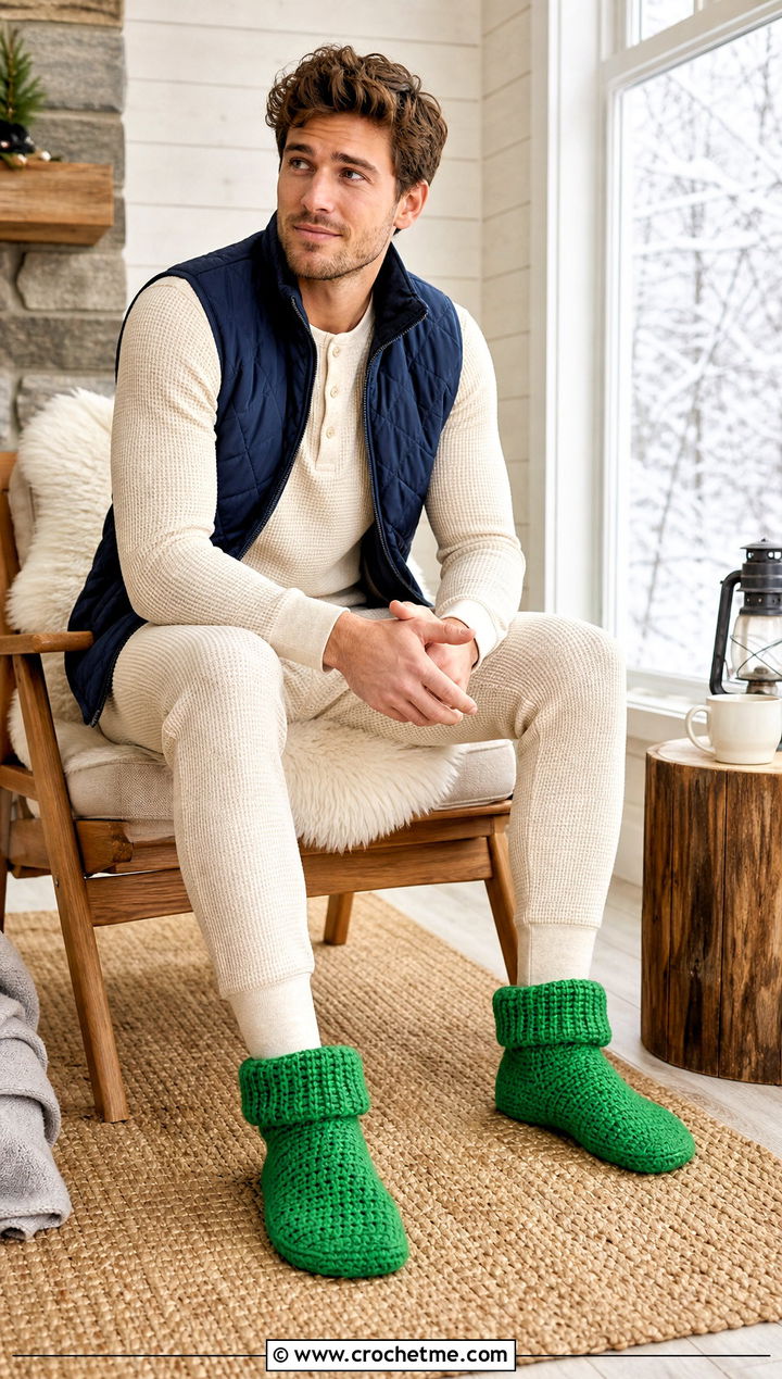 Cuffed Crochet Bootie Slippers With Thermal Loungewear - 30 easy mens crochet slippers outfit ideas