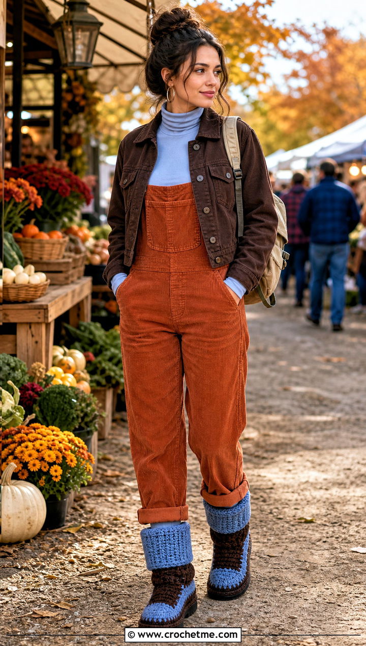 Cuffed Crochet Boots With Corduroy Overalls - 15 Blue And Brown Crochet Boots outfit ideas