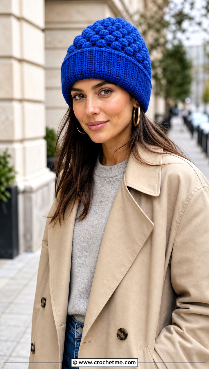 Cuffed Crochet Bubble Beanie With Trench Coat - 20 Crochet Bubble Hat outfit ideas
