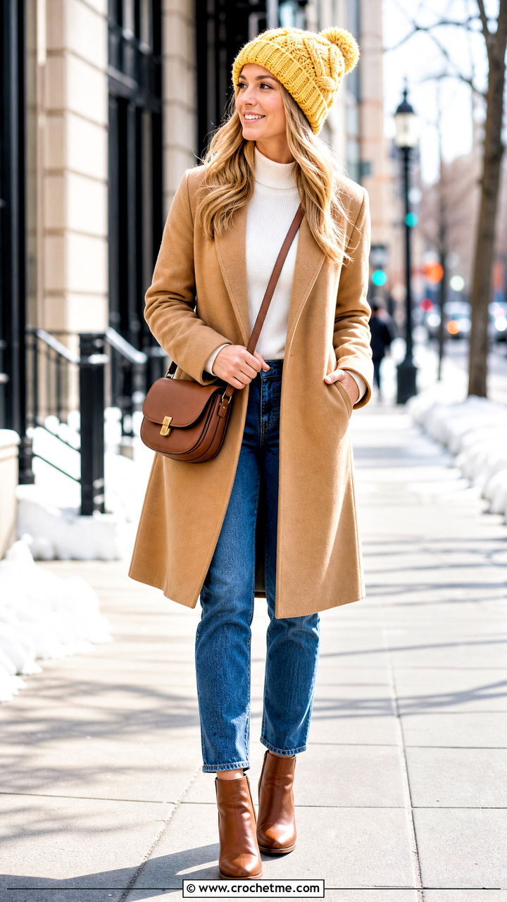 Cuffed Crochet Cable Beanie With Straight Jeans And Wool Coat - 35 crochet cable hat outfit ideas