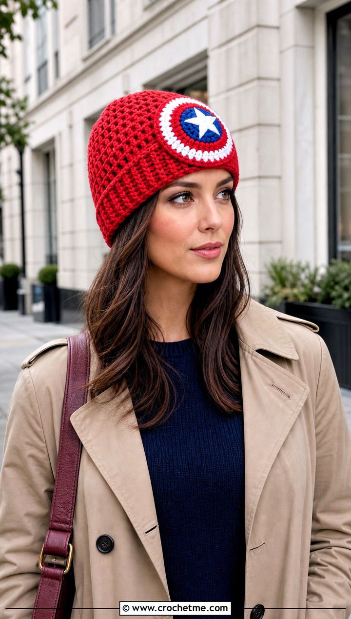 Cuffed Crochet Captain America Beanie With Trench Coat - 25 Crochet Captain America Hat outfit ideas