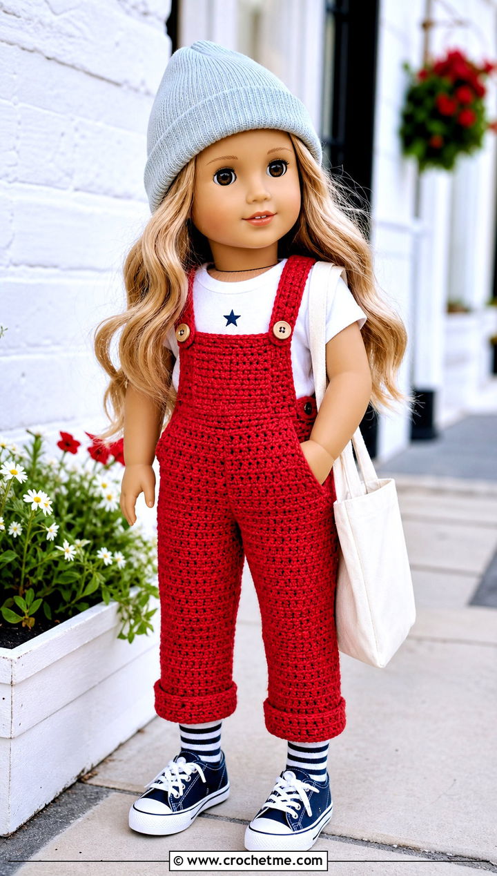 Cuffed Crochet Doll Overalls With Graphic Tee - 30 crochet doll overalls outfit ideas