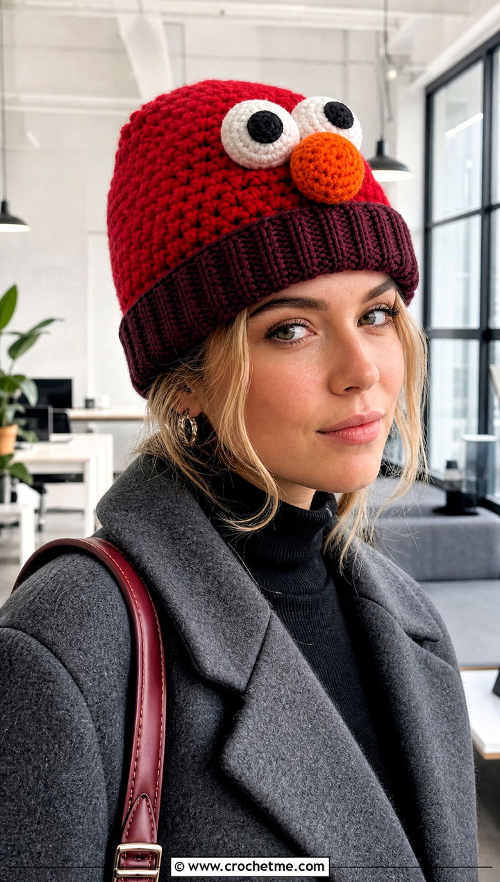 Cuffed Crochet Elmo Beanie With Wool Coat - 15 Crochet Elmo Hat outfit ideas