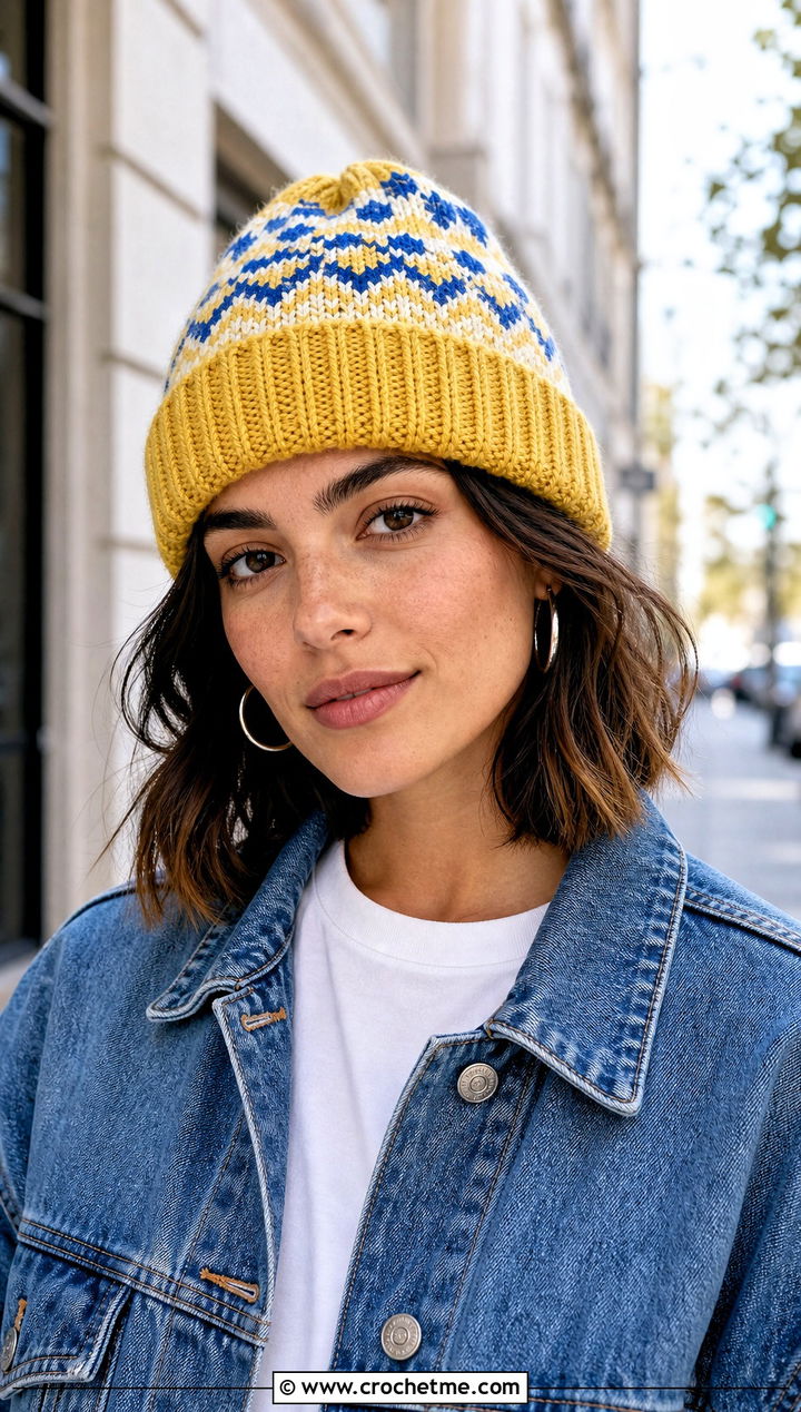 Cuffed Crochet Fair Isle Beanie With Denim Jacket - 25 Crochet Fair Isle Hat outfit ideas
