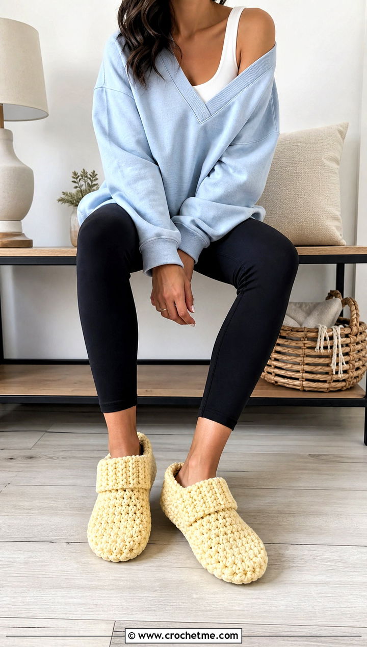 Cuffed Crochet House Slippers With Leggings And Sweatshirt - 15 Easy Crochet House Slippers Stephanie Zed outfit ideas