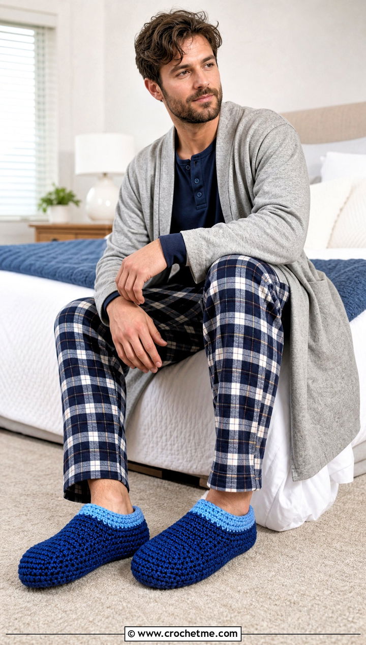 Cuffed Crochet Mens Slippers With Flannel Pajamas - 15 Easy Crochet Mens Slippers outfit ideas