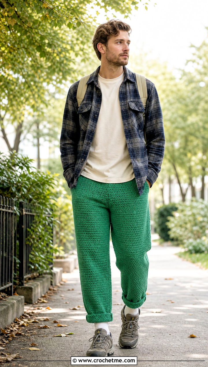 Cuffed Crochet Pants With Flannel Shacket - 30 mens crochet pants outfit ideas