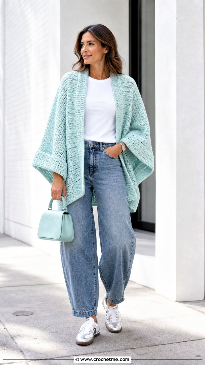 Cuffed Crochet Poncho With Barrel Leg Jeans - 35 crochet poncho woman outfit ideas