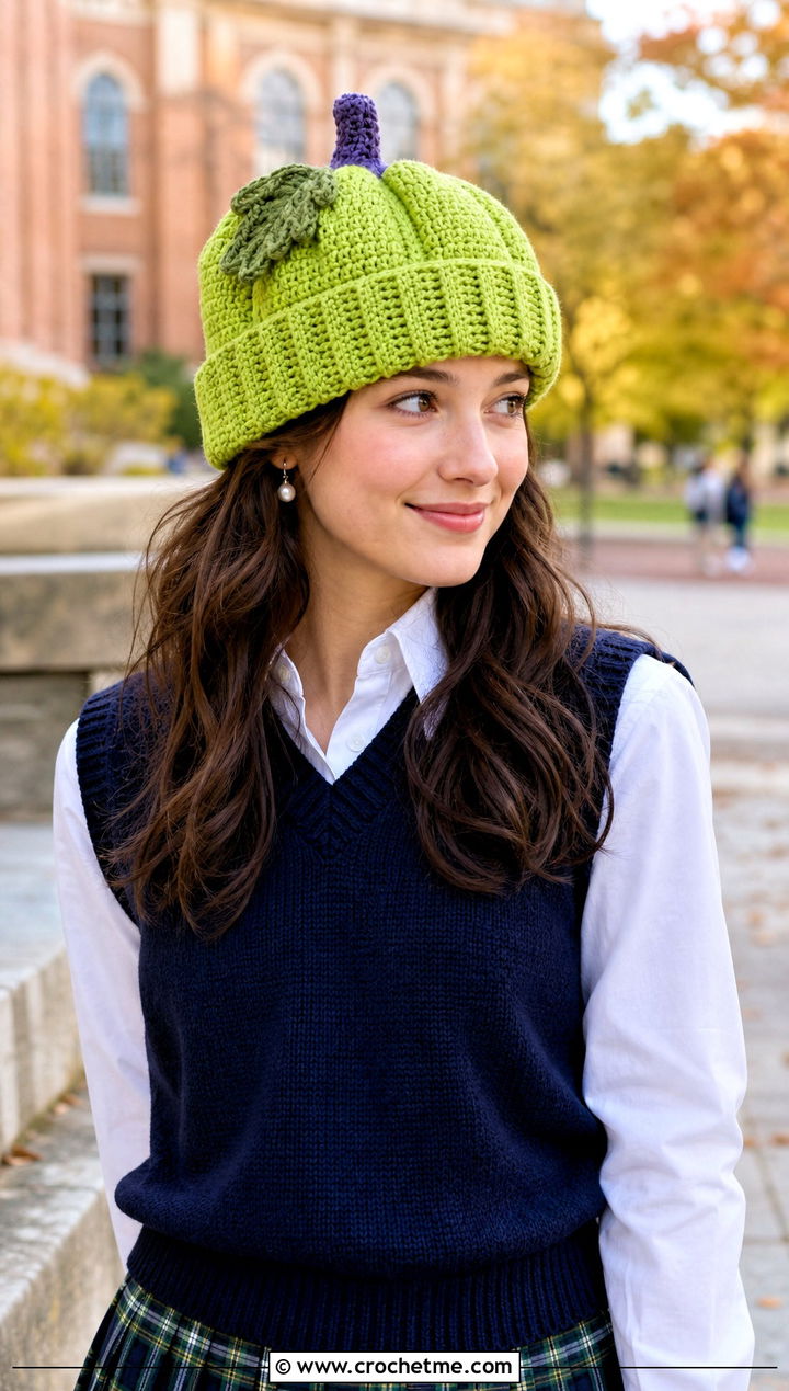 Cuffed Crochet Pumpkin Beanie With Sweater Vest And Pleated Skirt - 30 crochet pumpkin beanie outfit ideas
