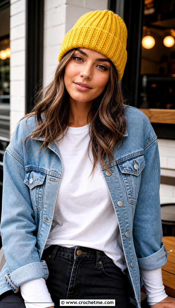 Cuffed Crochet Ribbed Beanie With Denim Jacket - 20 easy crochet ribbed beanie outfit ideas