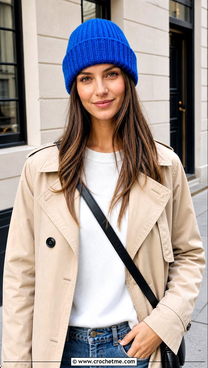 Cuffed Crochet Ribbed Beanie With Trench Coat - 20 Easy Crochet Ribbed Hat outfit ideas