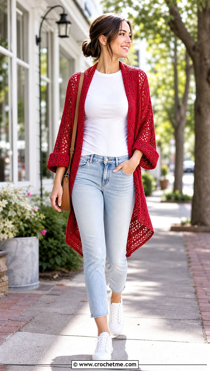 Cuffed Crochet Shawl With Sleeves And White Tee Outfit - 35 crochet shawl with sleeves outfit ideas