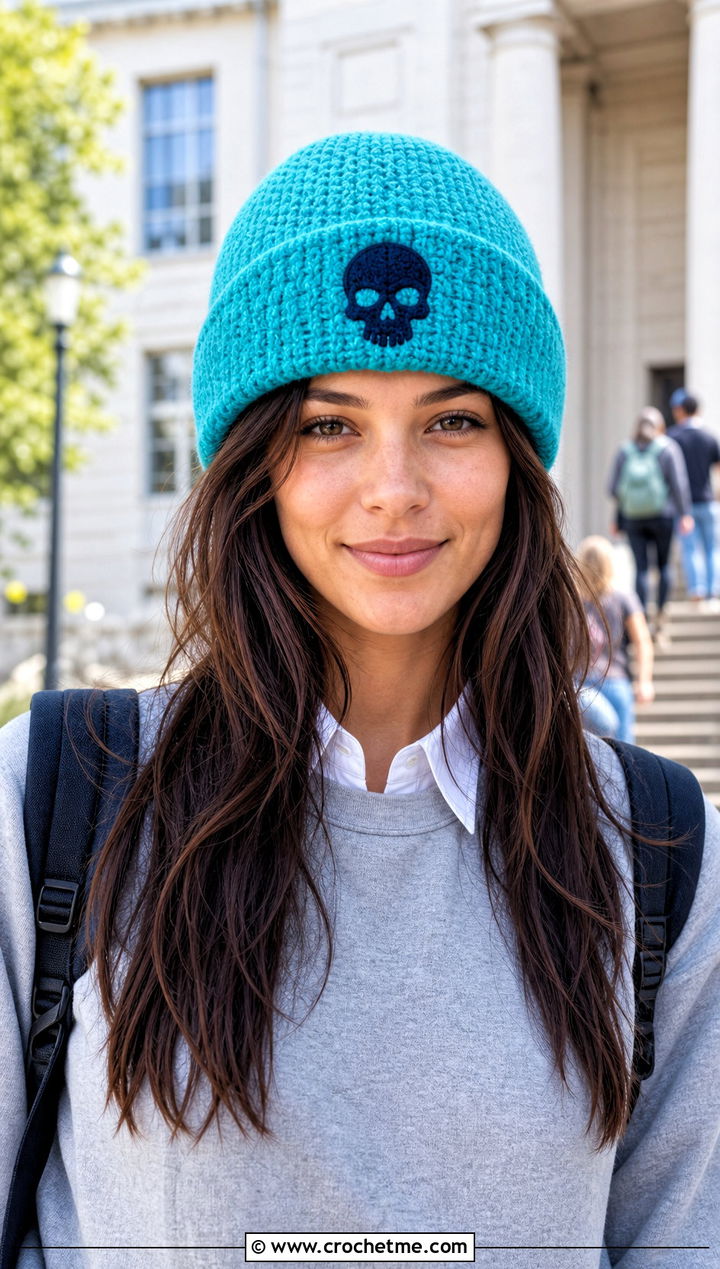 Cuffed Crochet Skull Beanie With Campus Outfit - 30 crochet skull beanie outfit ideas