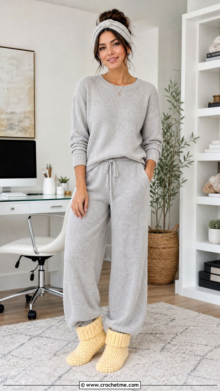 Cuffed Crochet Slipper Booties With Knit Loungewear - 35 crochet booties outfit ideas