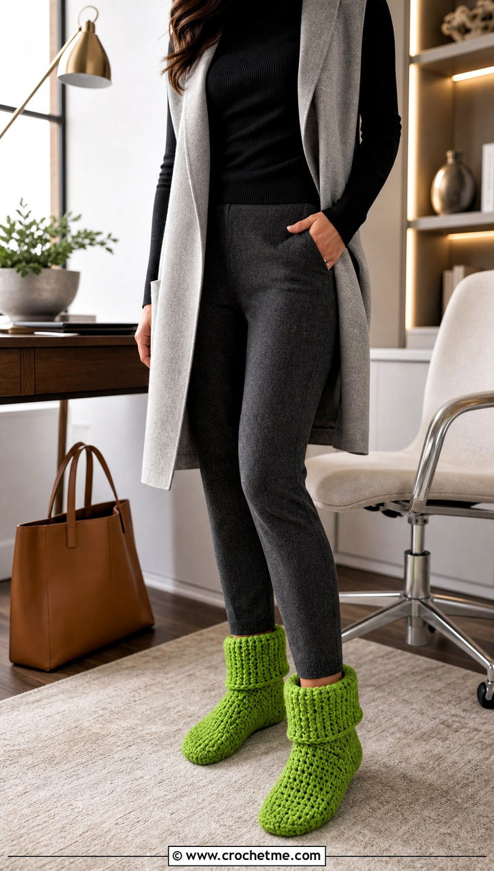 Cuffed Crochet Slipper Socks With Tailored Knit Pants - 25 Crochet Slipper Socks outfit ideas