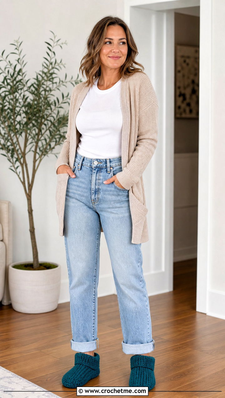 Cuffed Crochet Slippers From Rectangle With Jeans And Cardigan - 15 Crochet Slipper From Rectangle outfit ideas