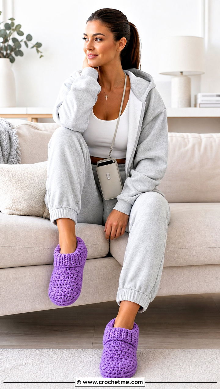 Cuffed Crochet Slippers With Joggers And Sweatshirt - 25 Quick And Easy Crochet Slippers outfit ideas