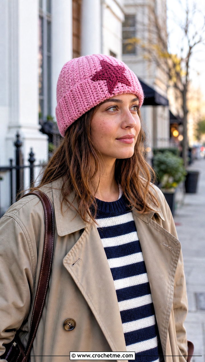 Cuffed Crochet Star Beanie With Trench Coat - 25 crochet star hat outfit ideas