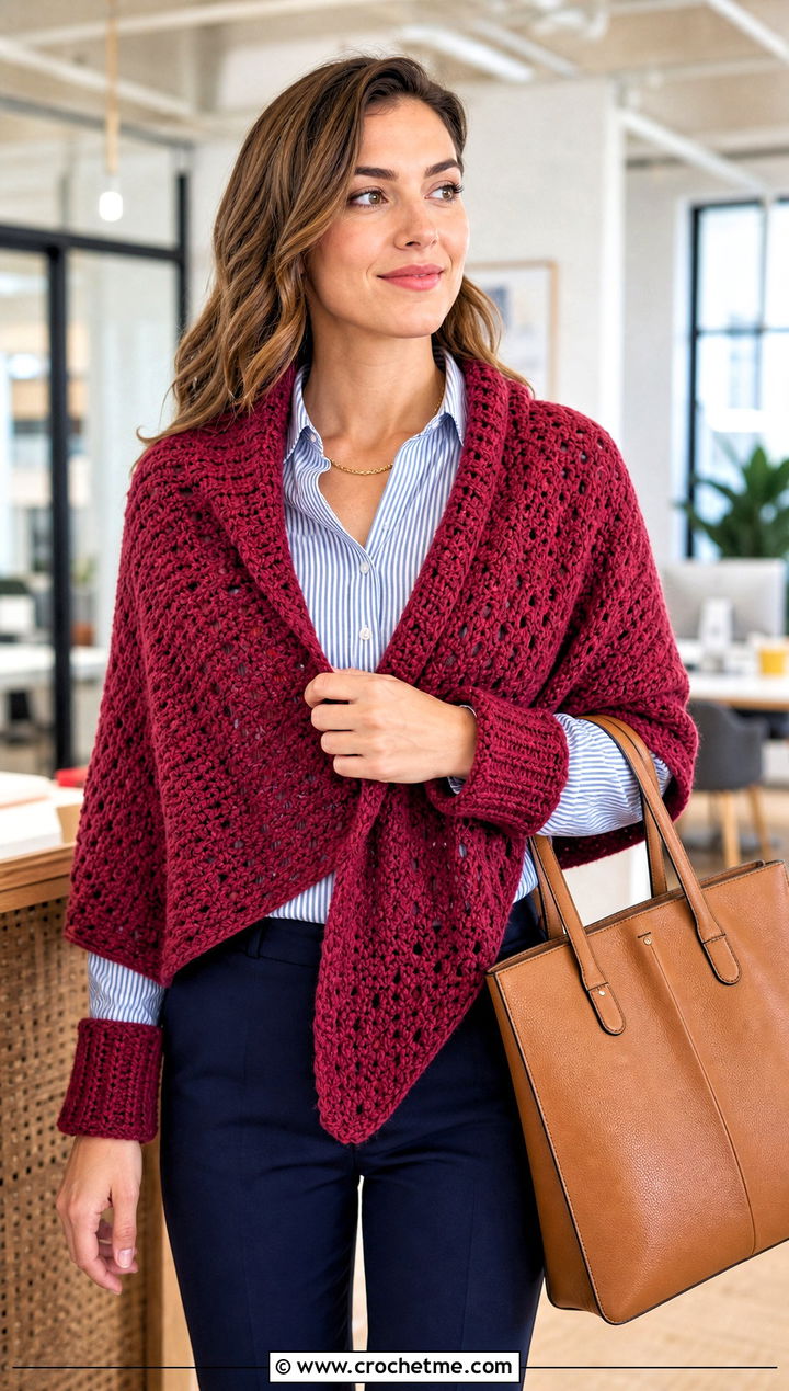 Cuffed Crochet Sweater Scarf Wrap With Button Down Shirt - 30 crochet scarf sweater wrap outfit ideas