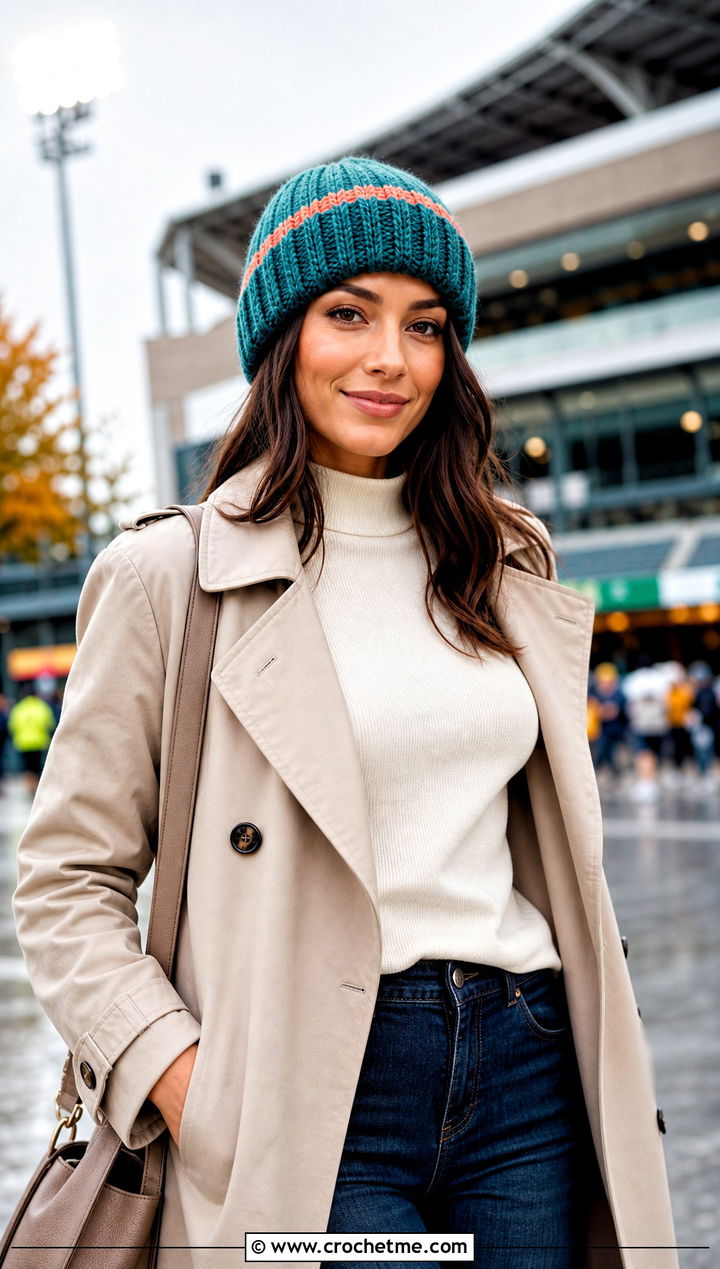 Cuffed Crochet Team Beanie With Trench Coat - 15 Crochet Football Team Hat outfit ideas