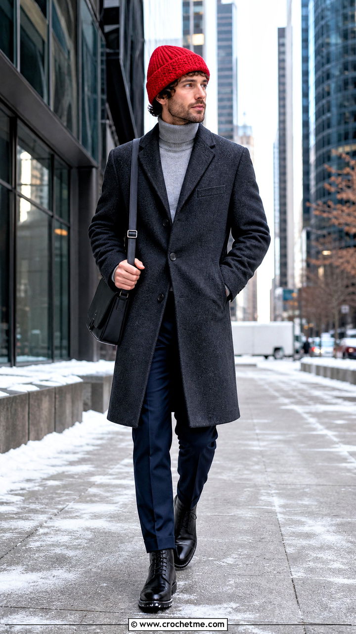 Cuffed Crochet Watch Cap With Overcoat And Tailored Trousers - 35 crochet hat for men outfit ideas