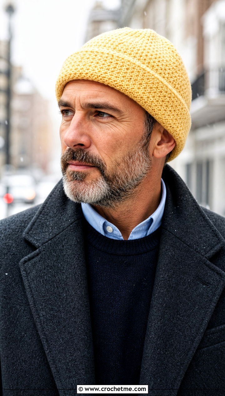 Cuffed Crochet Watch Cap With Wool Overcoat - 15 Easy Crochet Mens Hat outfit ideas