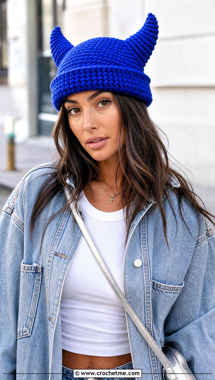 Cuffed Devil Horned Beanie With Denim Jacket - 20 Crochet Horned Beanie outfit ideas
