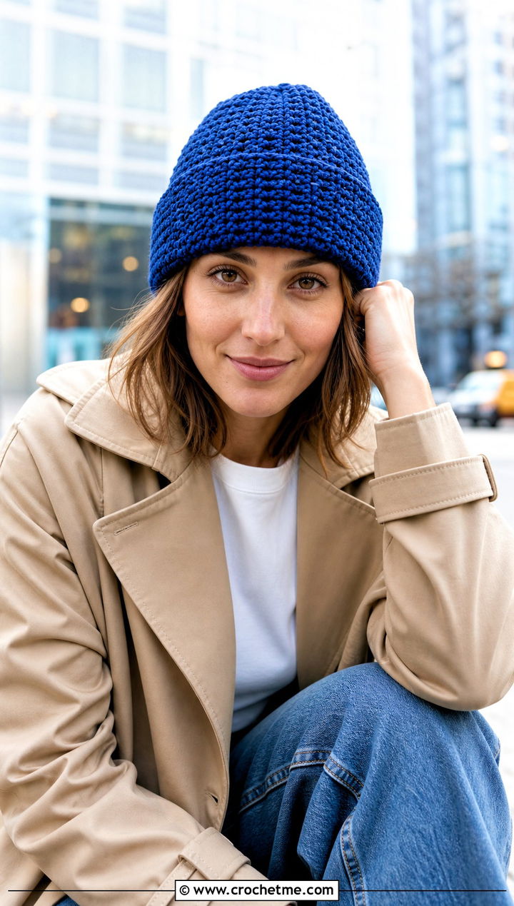 Cuffed Double Crochet Beanie With Trench Coat - 30 double crochet hat outfit ideas
