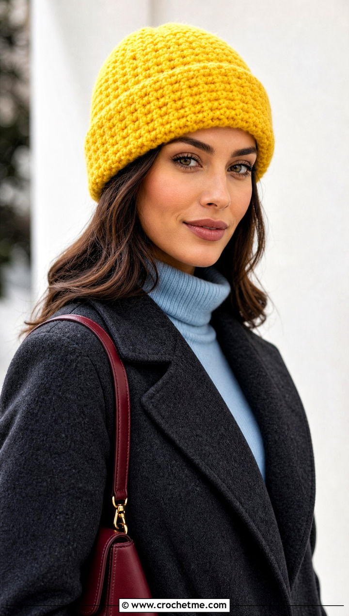 Cuffed Double Crochet Beanie With Wool Coat - 15 simple double crochet hat outfit ideas