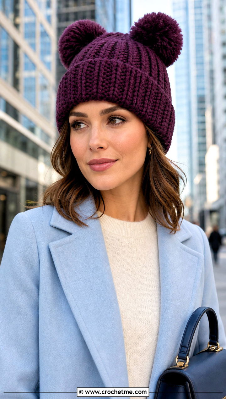 Cuffed Double Pom Beanie With Tailored Coat - 20 Crochet Hat With Two Pom Poms outfit ideas
