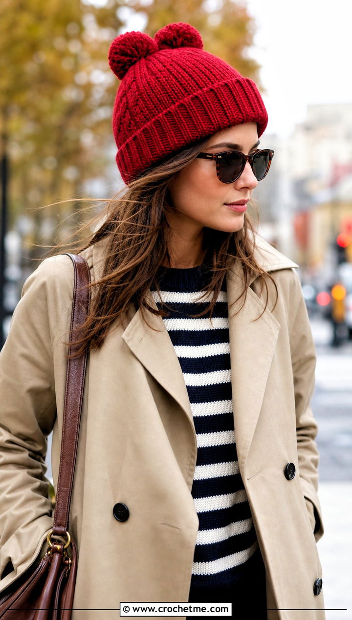 Cuffed Double Pom Pom Beanie With Trench Coat - 25 Crochet Double Pom Pom Hat outfit ideas