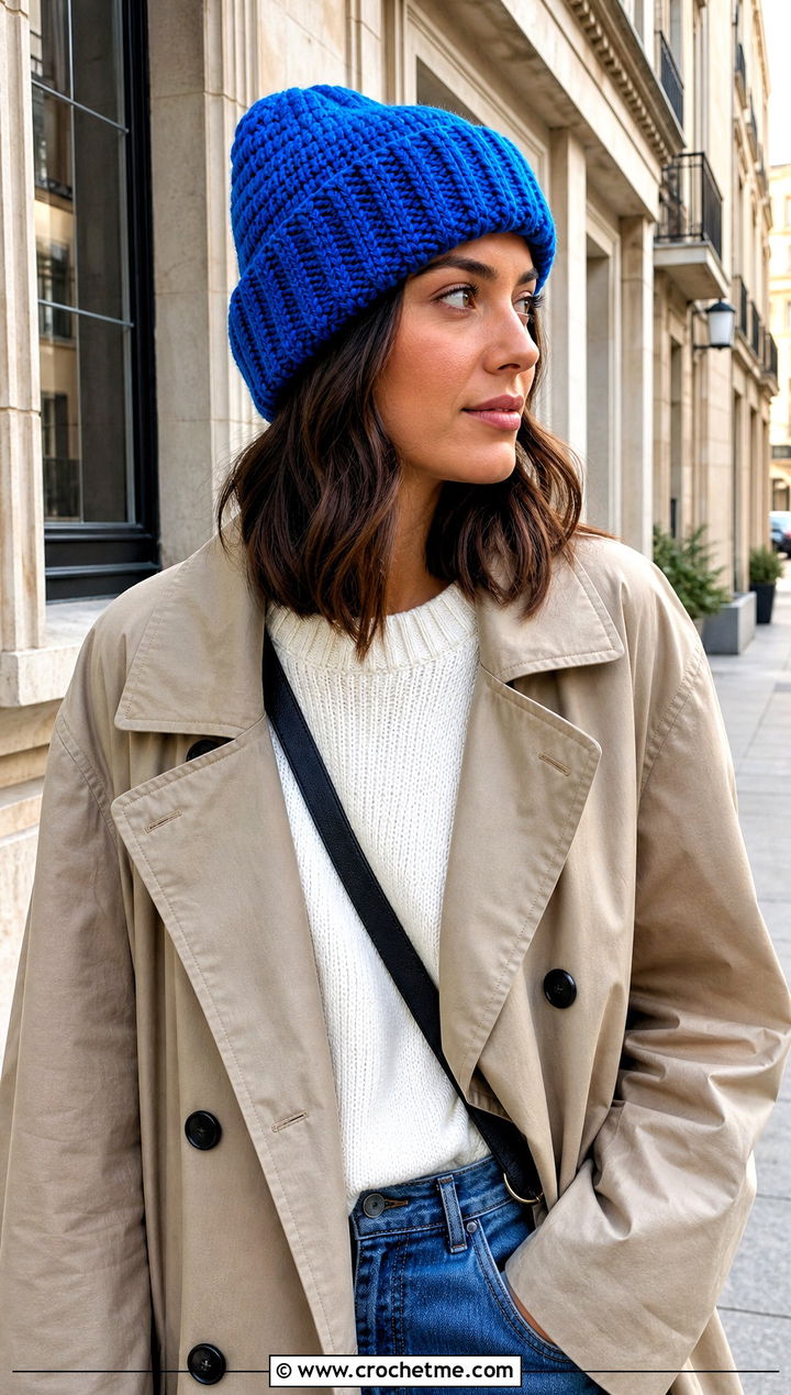 Cuffed Elsa Beanie With Trench Coat And Jeans - 15 Crochet Elsa Beanie outfit ideas