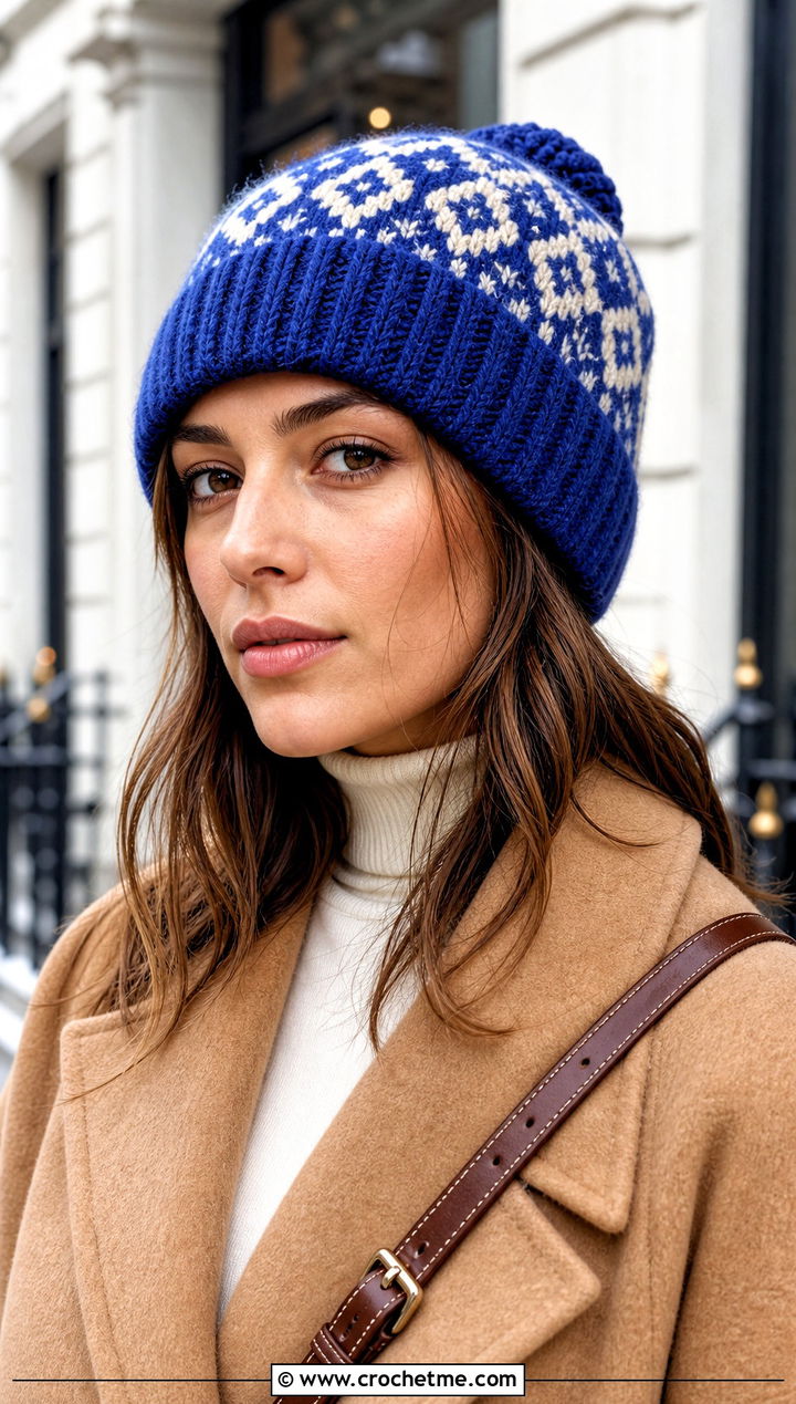 Cuffed Fair Isle Crochet Beanie With Wool Coat - 30 fair isle crochet hat outfit ideas
