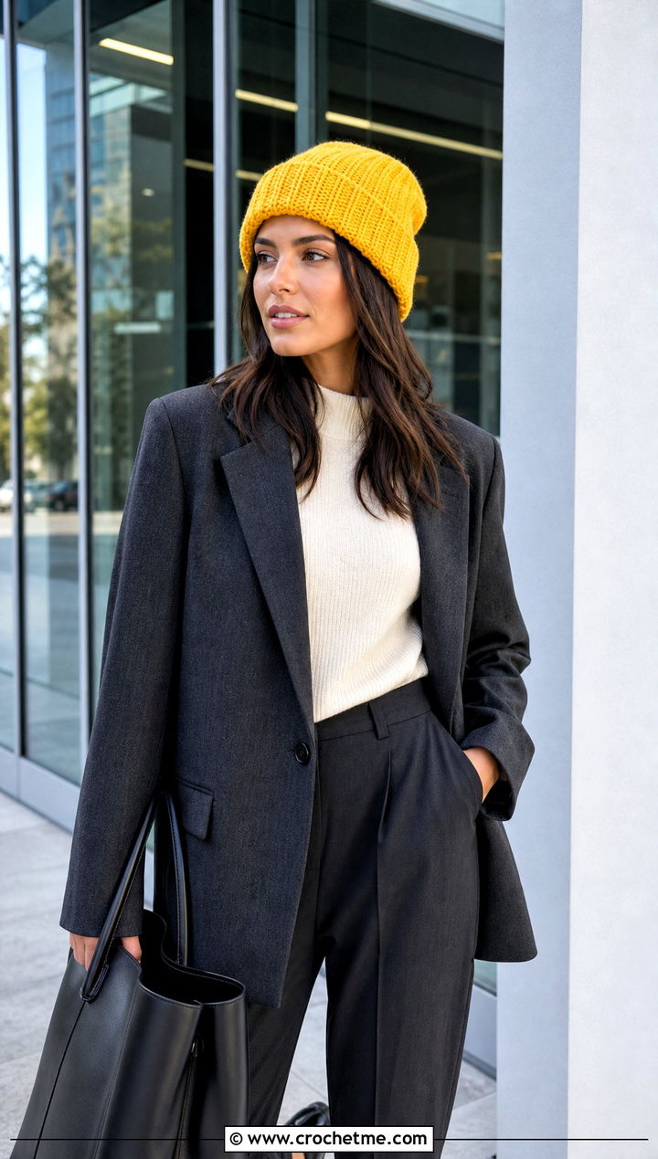 Cuffed Fisherman Double Layer Crochet Beanie With Workwear Suit - 15 Double Layer Crochet Hat outfit ideas
