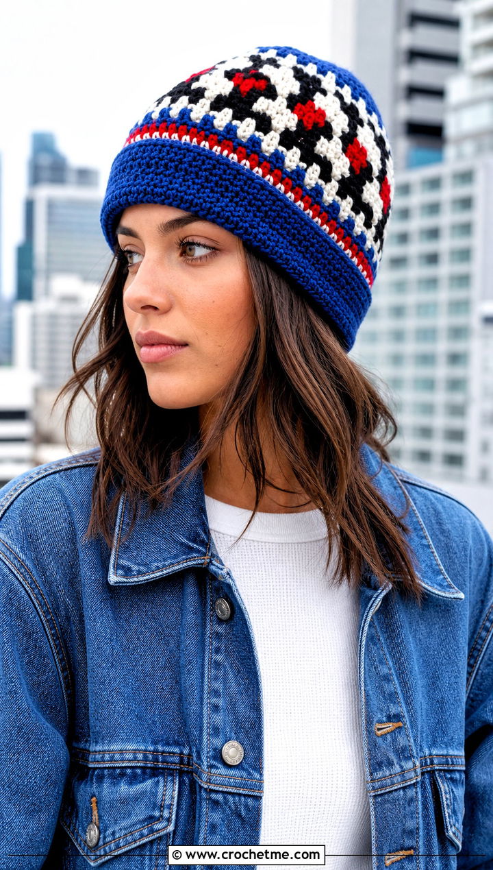 Cuffed Geometric Crochet Fair Isle Beanie With Denim Jacket - 20 Crochet Fair Isle Beanie outfit ideas