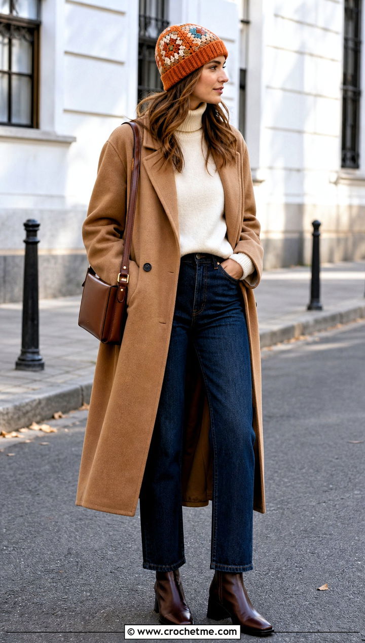 Cuffed Granny Square Beanie With Wool Coat And Straight Jeans - 35 granny square hats outfit ideas