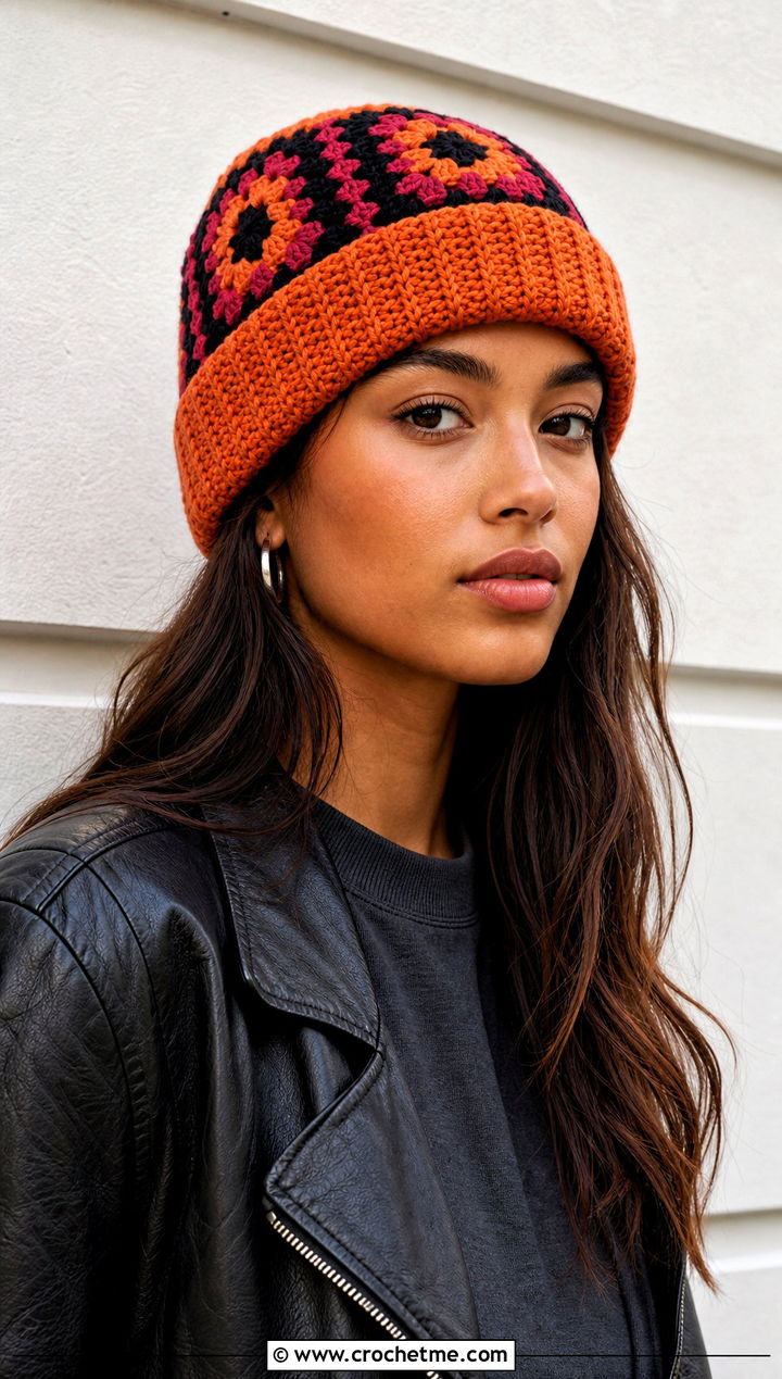 Cuffed Granny Square Crochet Beanie With Leather Jacket And Black Jeans - 30 granny square crochet beanie outfit ideas