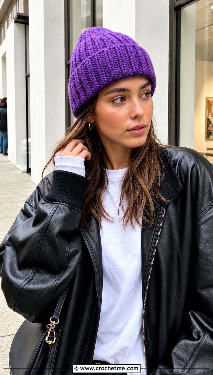 Cuffed Highland Crochet Beanie With Leather Bomber Jacket - 15 highland crochet beanie outfit ideas
