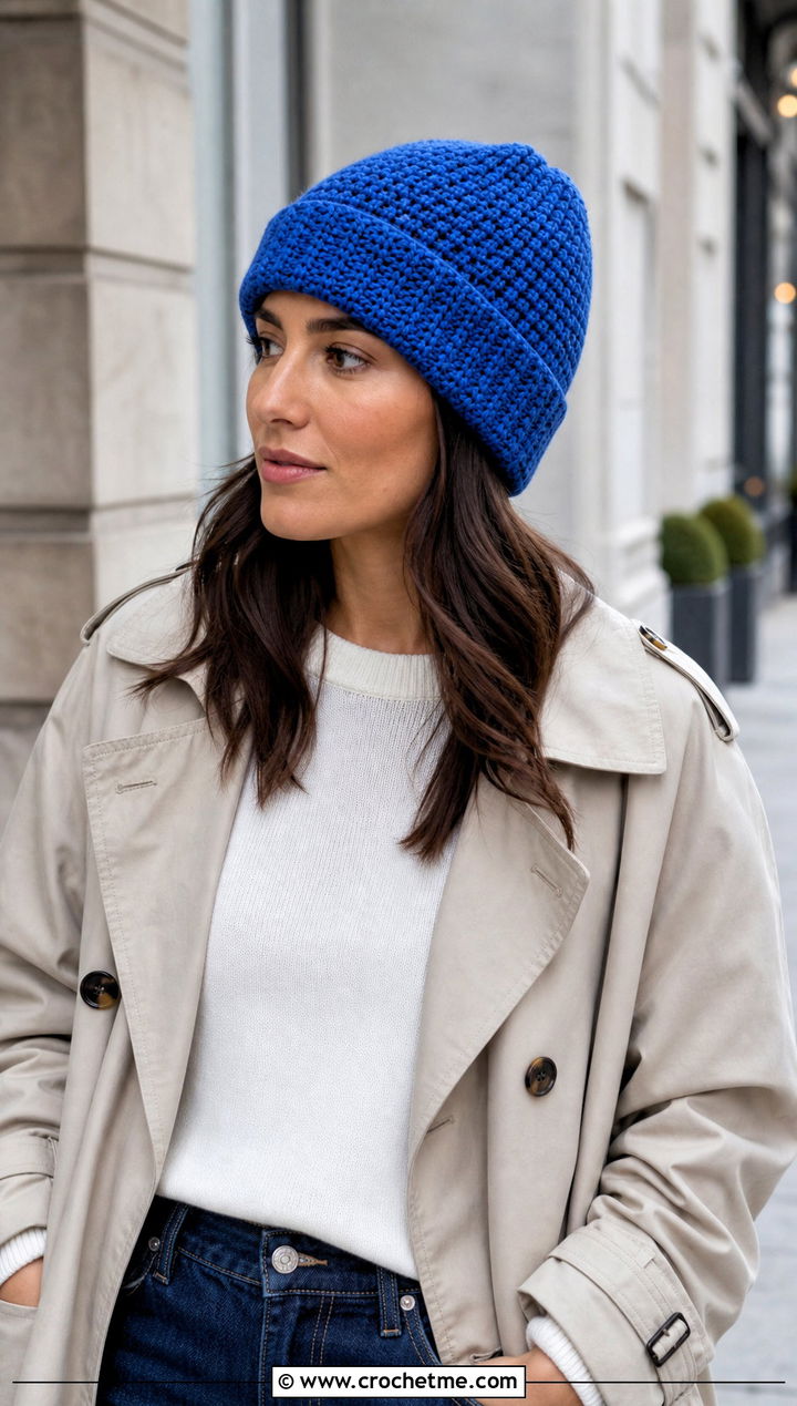 Cuffed Lemon Peel Stitch Crochet Beanie With Trench Coat And Jeans - 15 Lemon Peel Stitch Crochet Hat outfit ideas