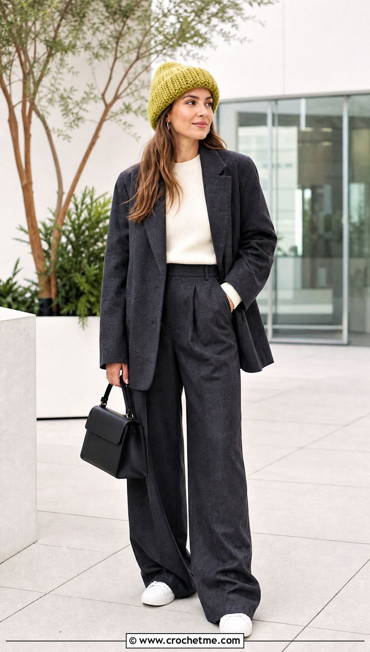 Cuffed Mohair Crochet Beanie With Blazer And Wide Leg Pants - 35 Mohair Crochet Hat outfit ideas