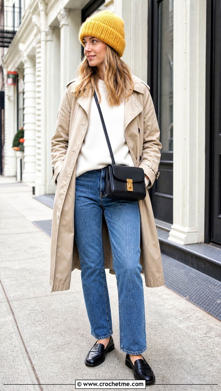 Cuffed Mohair Crochet Beanie With Trench Coat And Jeans - 35 mohair crochet beanie outfit ideas